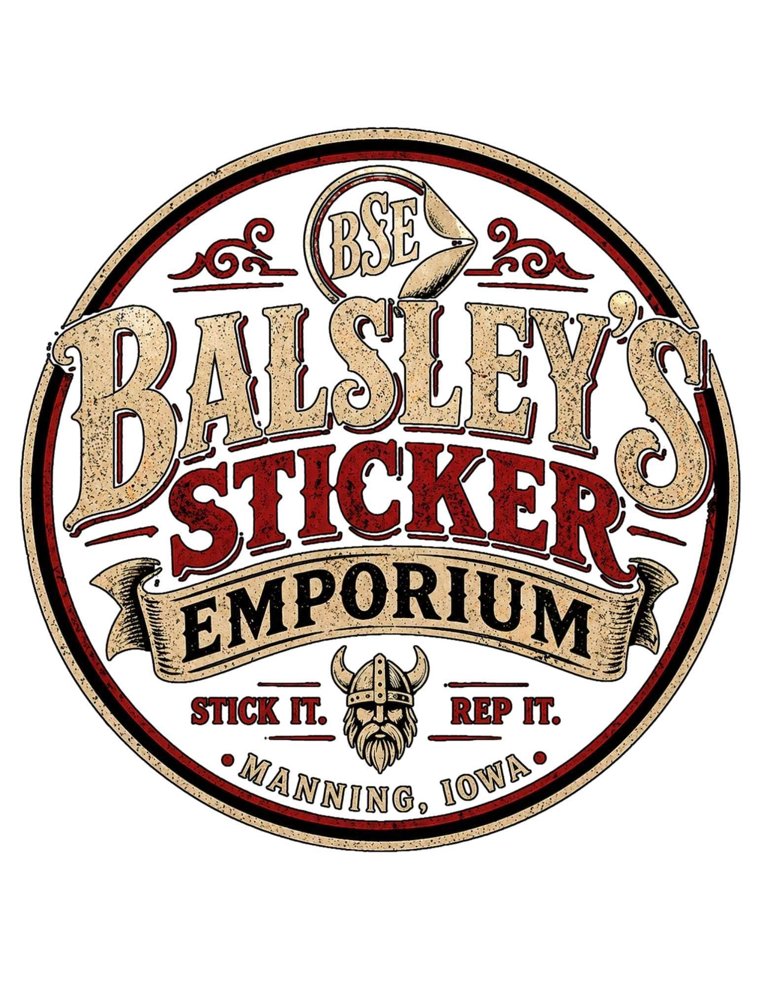 Circular logo for Balsley's Sticker Emporium with decorative elements on a white background.