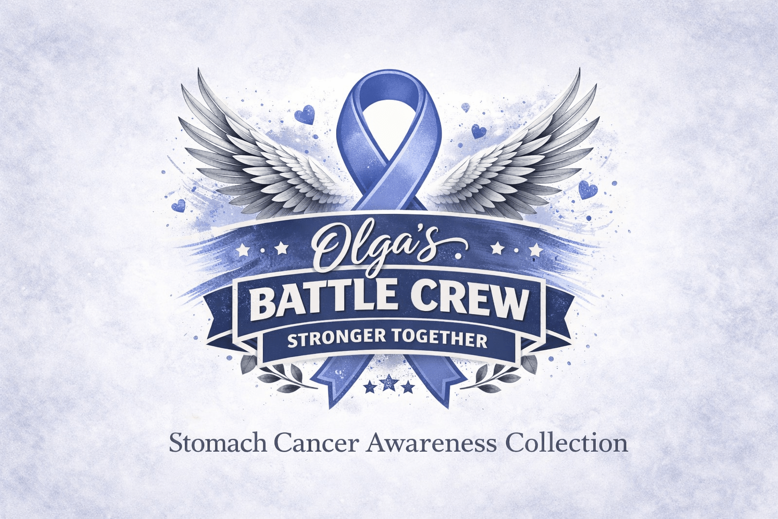 Olga's Battle Crew stomach cancer awareness design with blue ribbon, angel wings, and support message