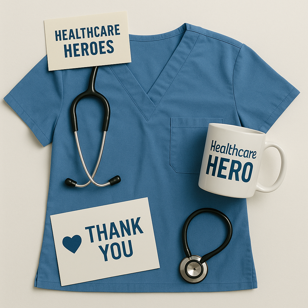 Flat lay of healthcare worker appreciation items including scrubs, stethoscope, coffee mug, and thank-you card on a light background.