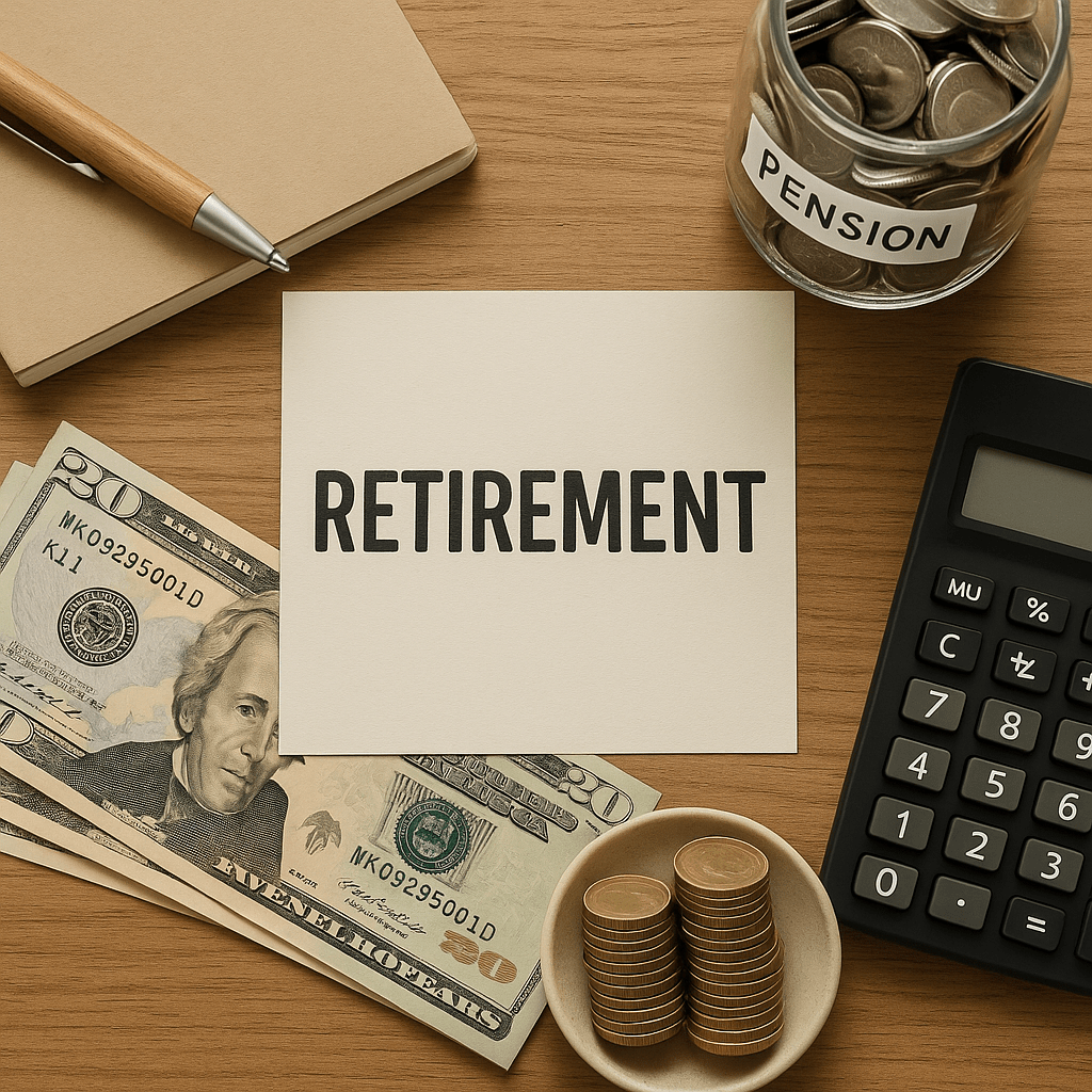 “Flat lay with a retirement card, jar labeled pension filled with coins, US dollar bills, calculator, and notebook on a wooden desk background.”