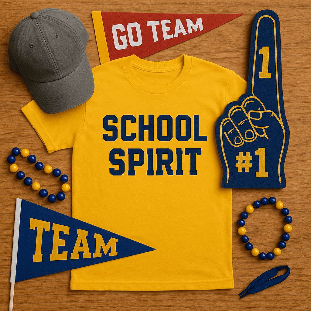 Flat lay of school spirit gear including a yellow T-shirt with ‘School Spirit’ text, foam finger, pennants, cap, and beaded bracelets on a wooden background.