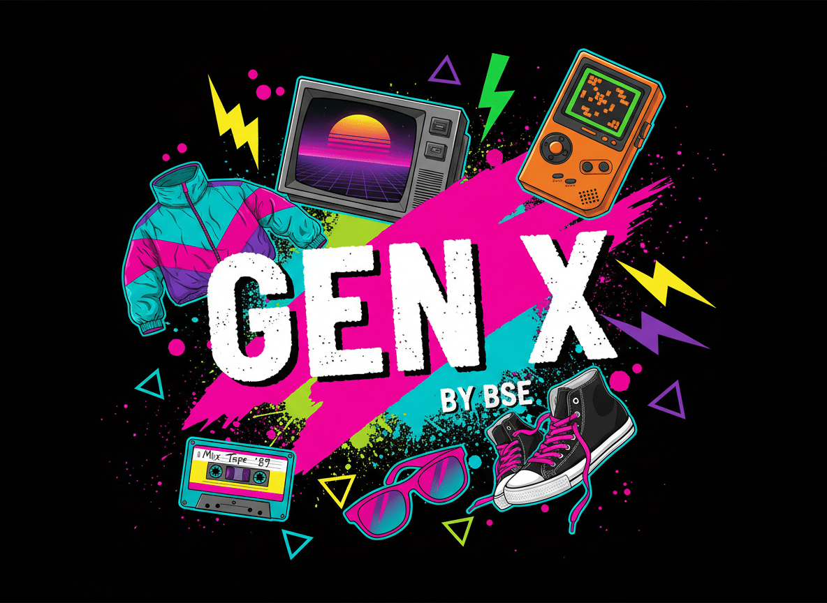 Colorful graphic with retro elements and 'GEN X BY BSE' text on a black background