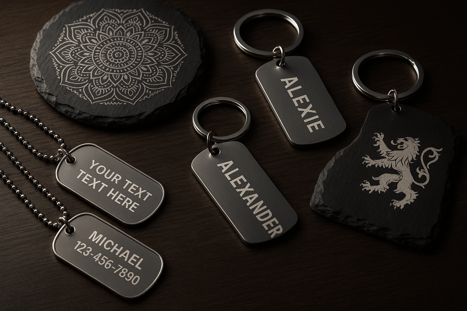 Laser Engraving Gifts and Accessories Collection: metal dog tag keychains and slate keepsakes with mandala and lion.