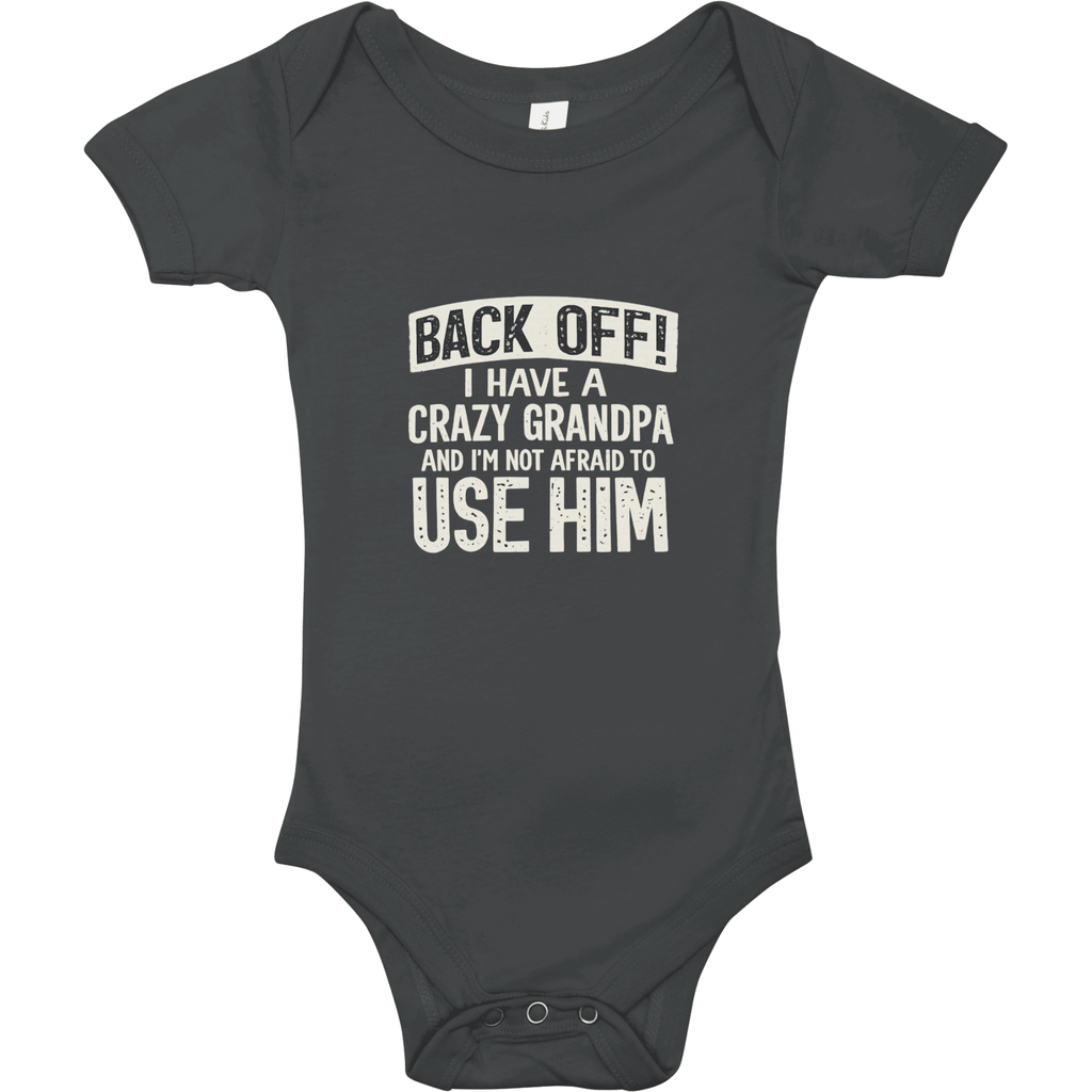 Black baby onesie with white text on a white background