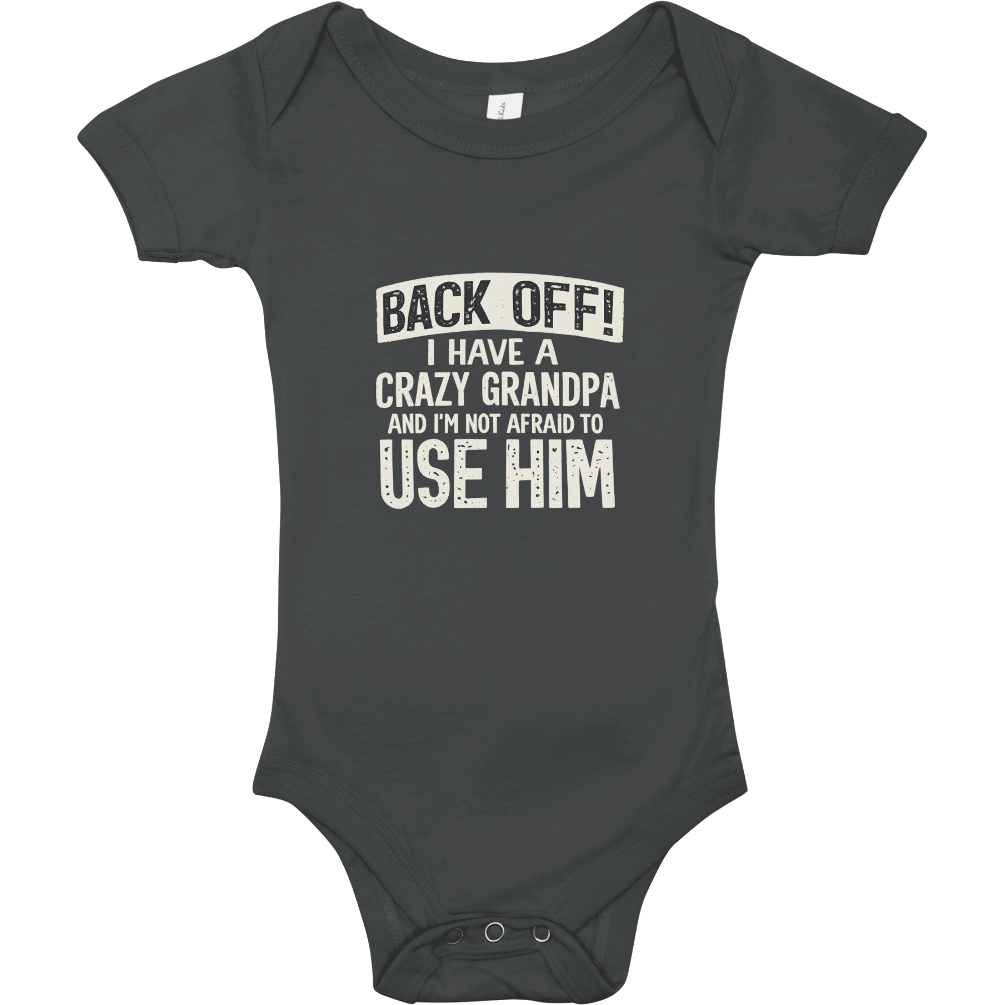 Black baby onesie with white text on a white background