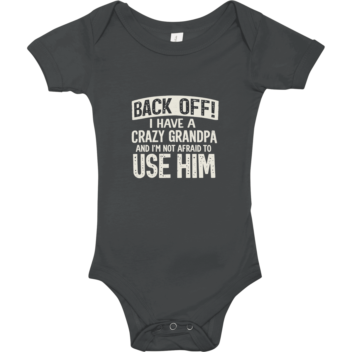 Black baby onesie with white text on a white background