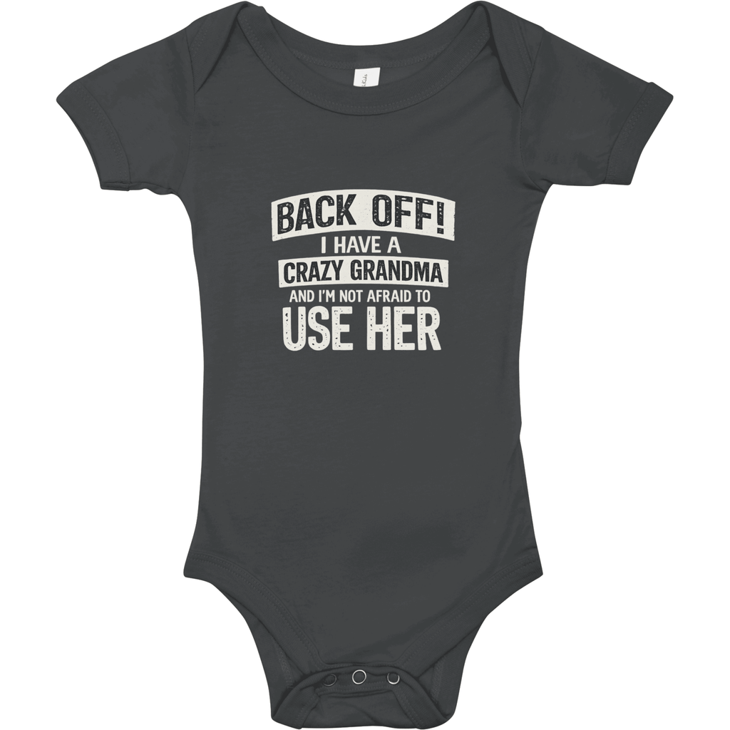 Black baby onesie with white text on a white background