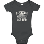 Black baby onesie with white text on a white background