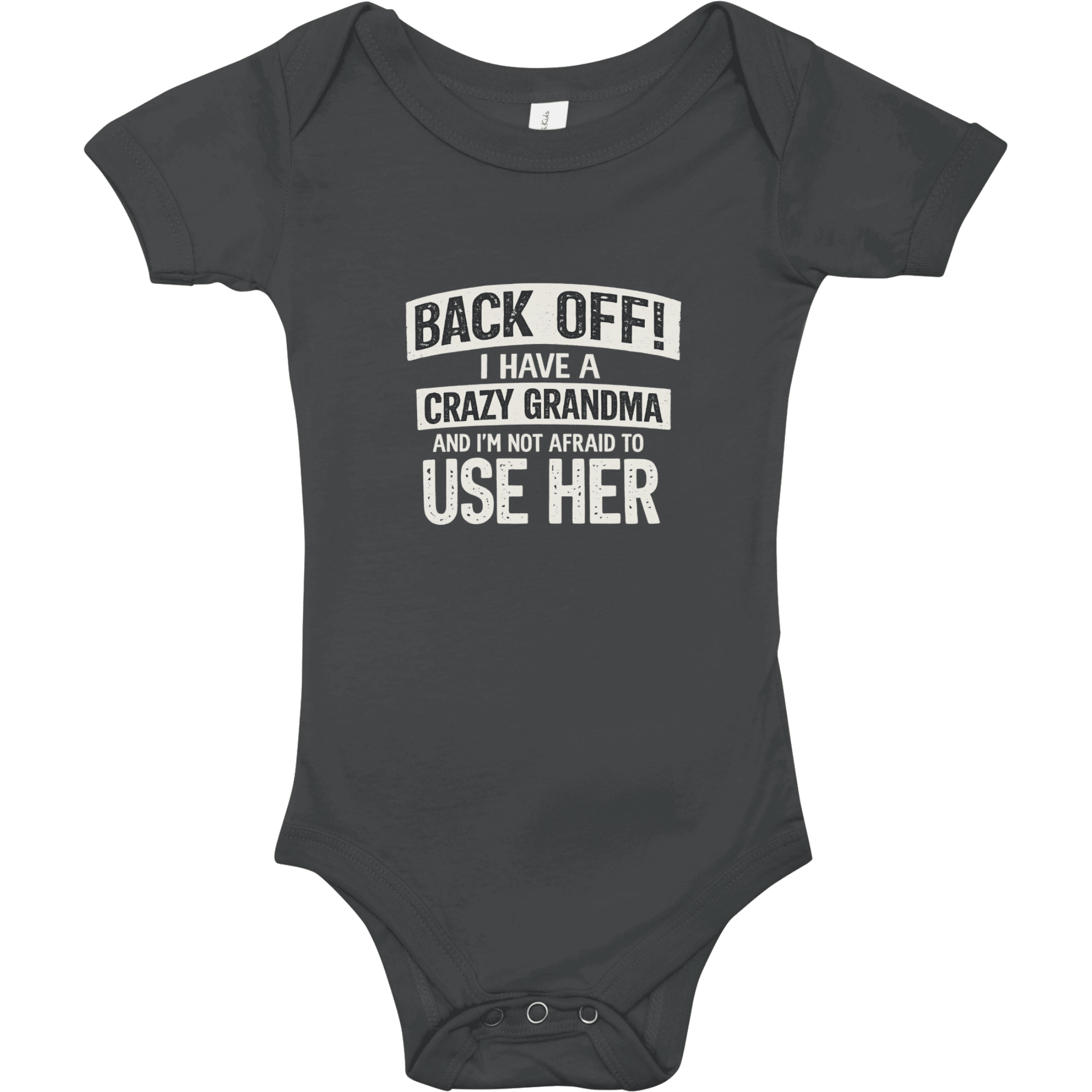 Black baby onesie with white text on a white background