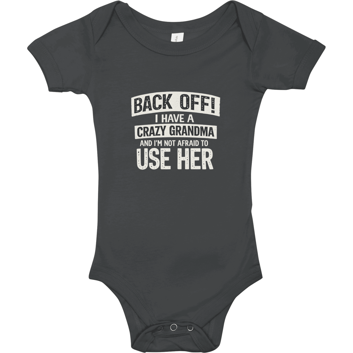Black baby onesie with white text on a white background