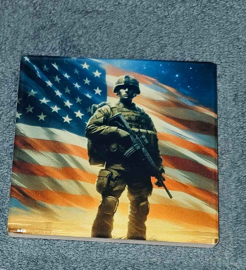 Flag With Soldier Coaster Patriotic Table Decor Drink Coaster Gift For Home Bar Office