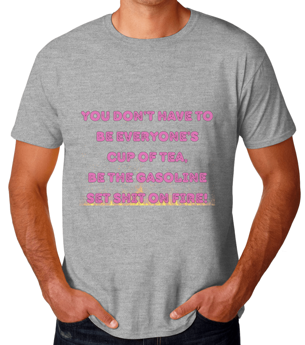 Gray t-shirt with pink and yellow text worn by a person
