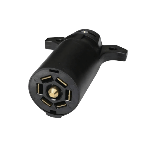 Black automotive connector on a white background