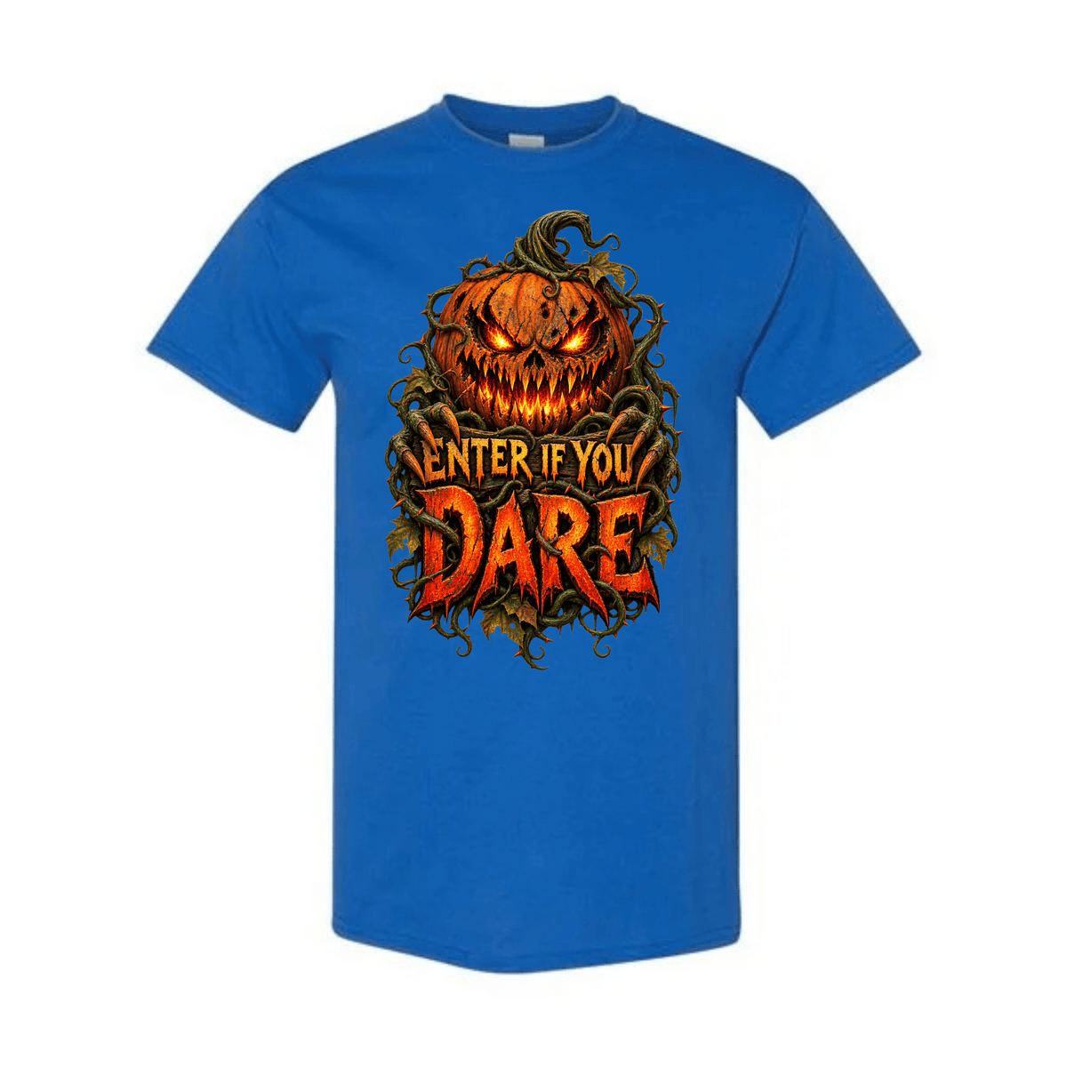 A blue short-sleeve crewneck t-shirt featuring a graphic of a carved jack-o'-lantern pumpkin with the words 'ENTER IF YOU DARE' in a spooky orange and yellow font.