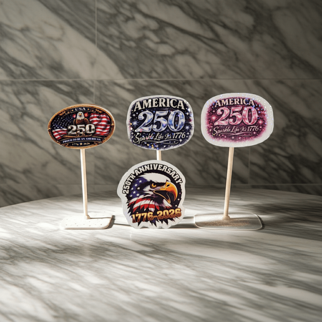Four decorative signs celebrating America's 250th anniversary on a marble surface.