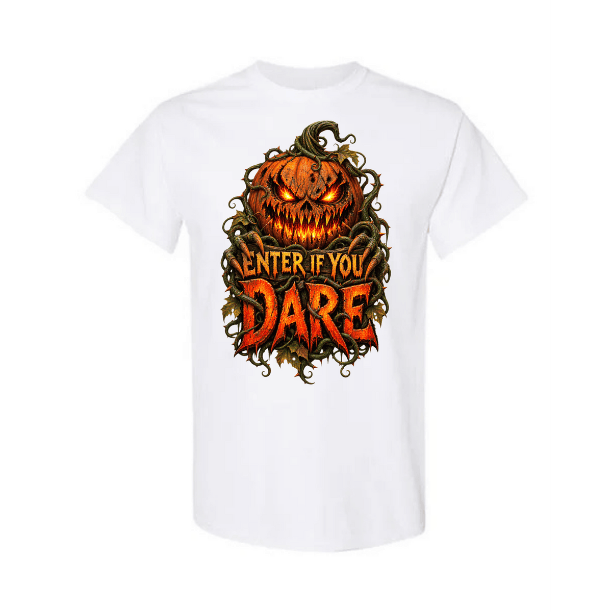 A white short-sleeve crewneck t-shirt featuring a large Halloween graphic on the front. The graphic depicts a carved jack-o'-lantern pumpkin with glowing orange eyes and mouth, surrounded by dark green vines, with the text 'ENTER IF YOU DARE' in a stylized orange and yellow font.
