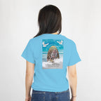 Back of blue tee features full-color memorial design with arch photo, two doves, and In Loving Memory text.