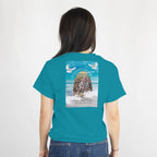 Custom Memorial T-Shirt - In Loving Memory Tribute on teal tee, back design with photo, name, dates, and doves.