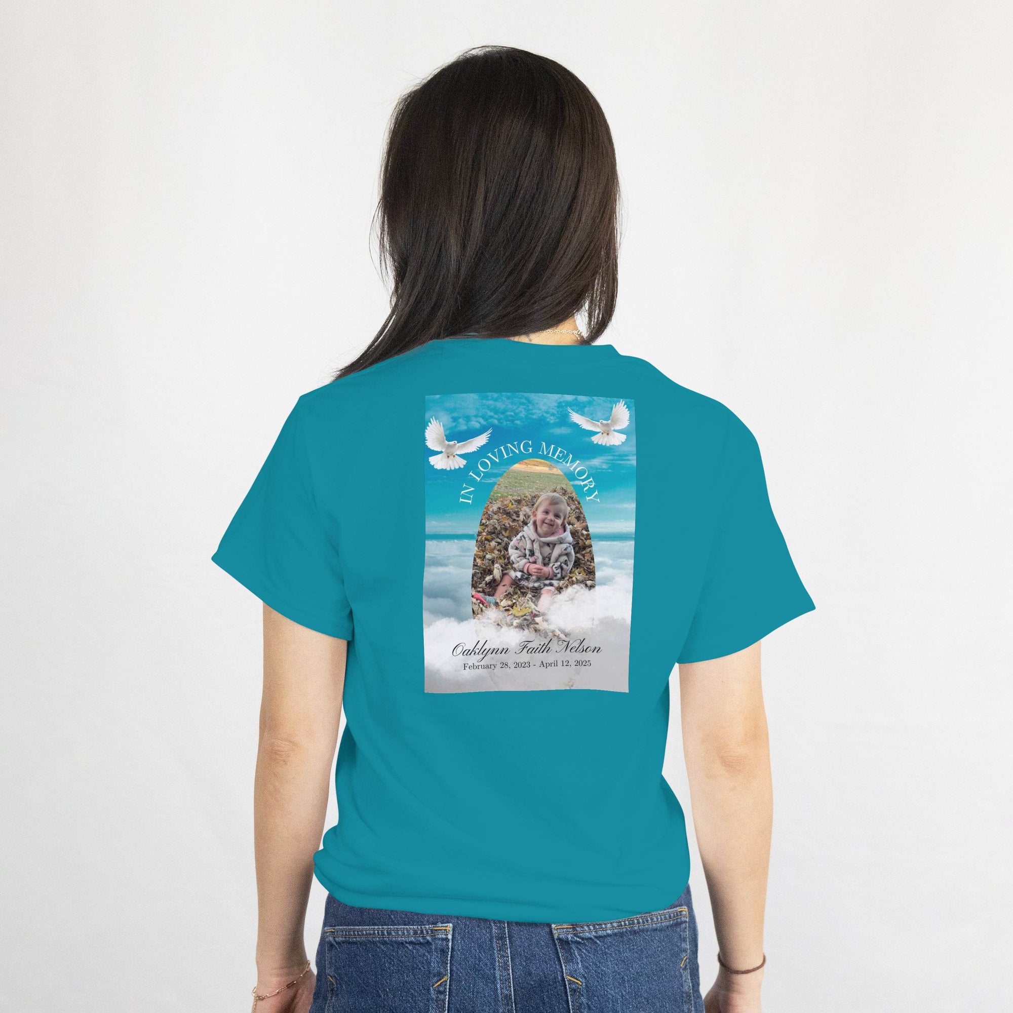 Custom Memorial T-Shirt - In Loving Memory Tribute on teal tee, back design with photo, name, dates, and doves.