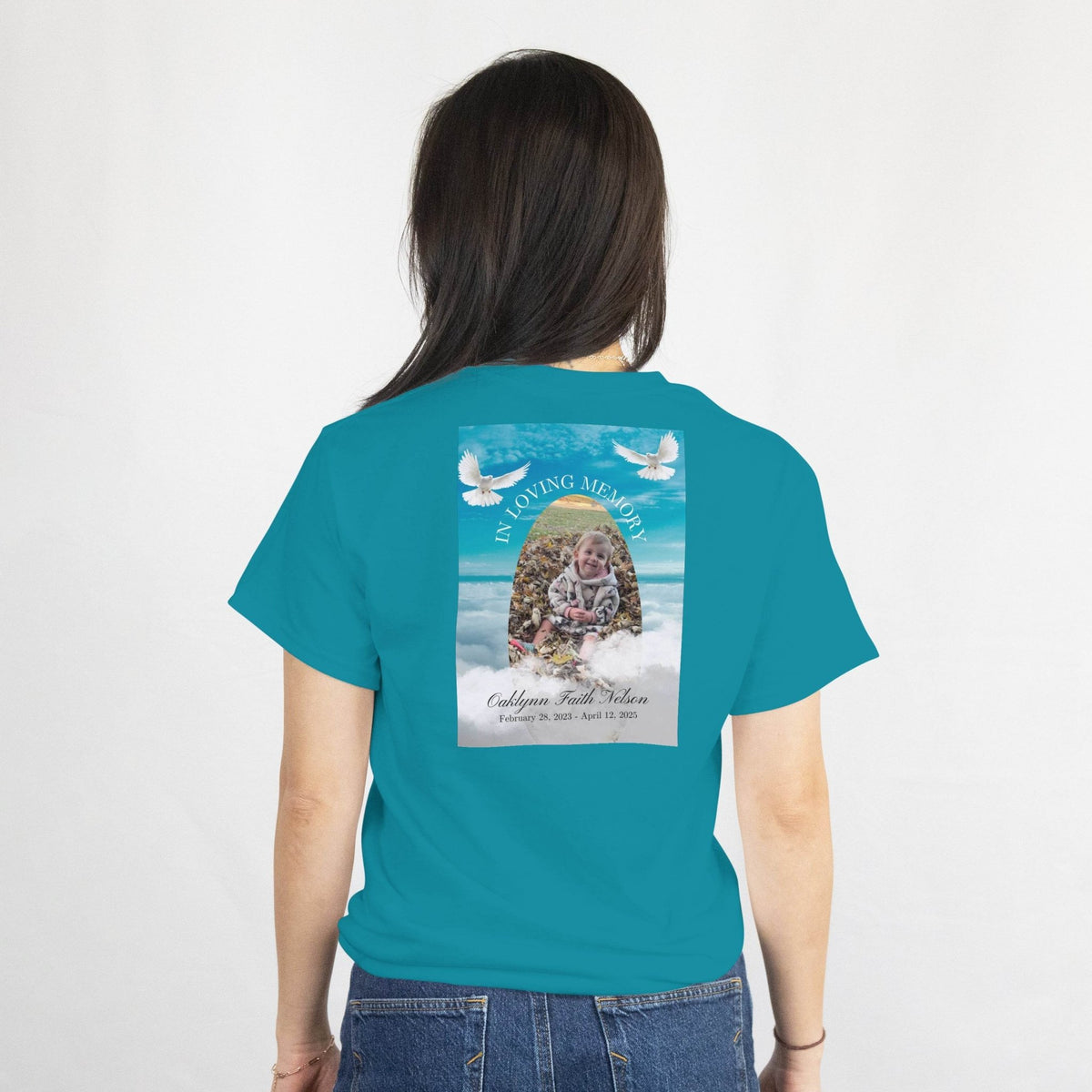 Custom Memorial T-Shirt - In Loving Memory Tribute on teal tee, back design with photo, name, dates, and doves.