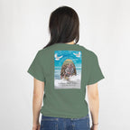 Custom memorial t-shirt back design with photo, name, dates, In Loving Memory arch and doves.