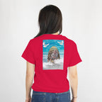 Red t-shirt back design with memorial photo, In Loving Memory arch, gentle doves, customizable name and dates.