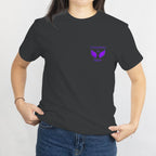 Black T-shirt with small purple memorial wings design and the name Oaklynn on the left chest.