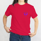 Red Custom Memorial T-Shirt with blue wings design on the left chest reading 'In loving memory of Oaklynn'.