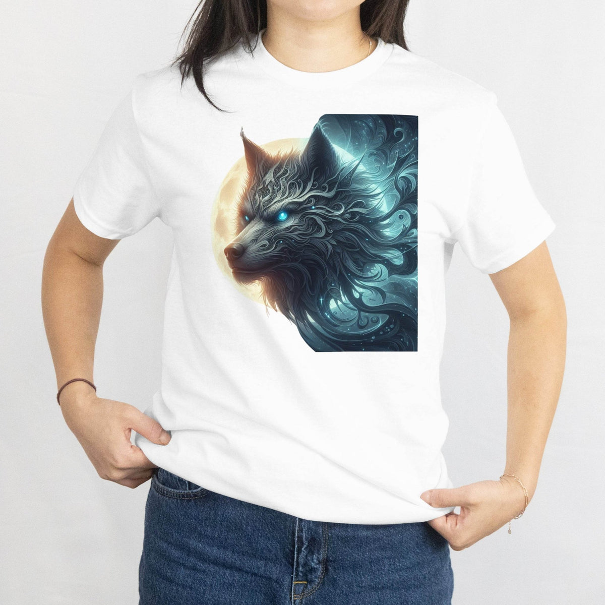 White t-shirt with a dragon graphic worn by a person on a white background