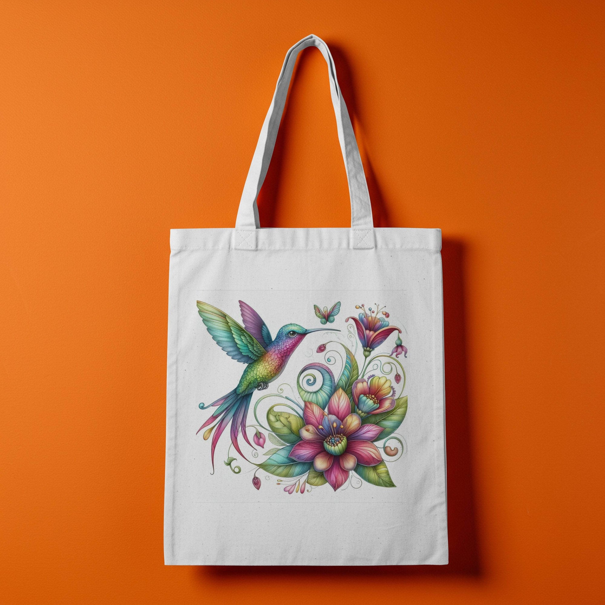 Butterfly Digital Download artwork on a white tote bag featuring a vibrant hummingbird and flowers.