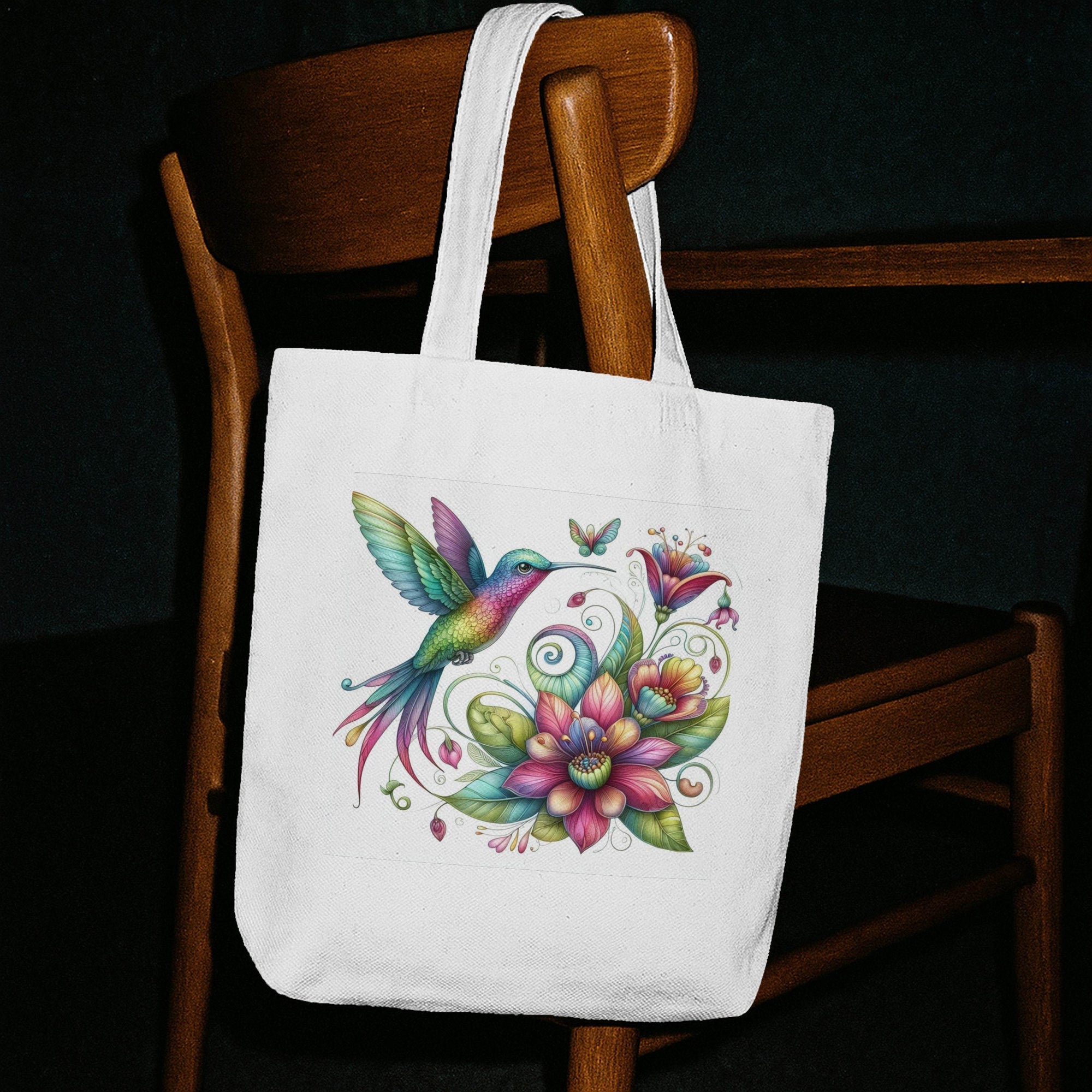 Butterfly Digital Download: colorful butterfly with vibrant floral bouquet on a white tote bag