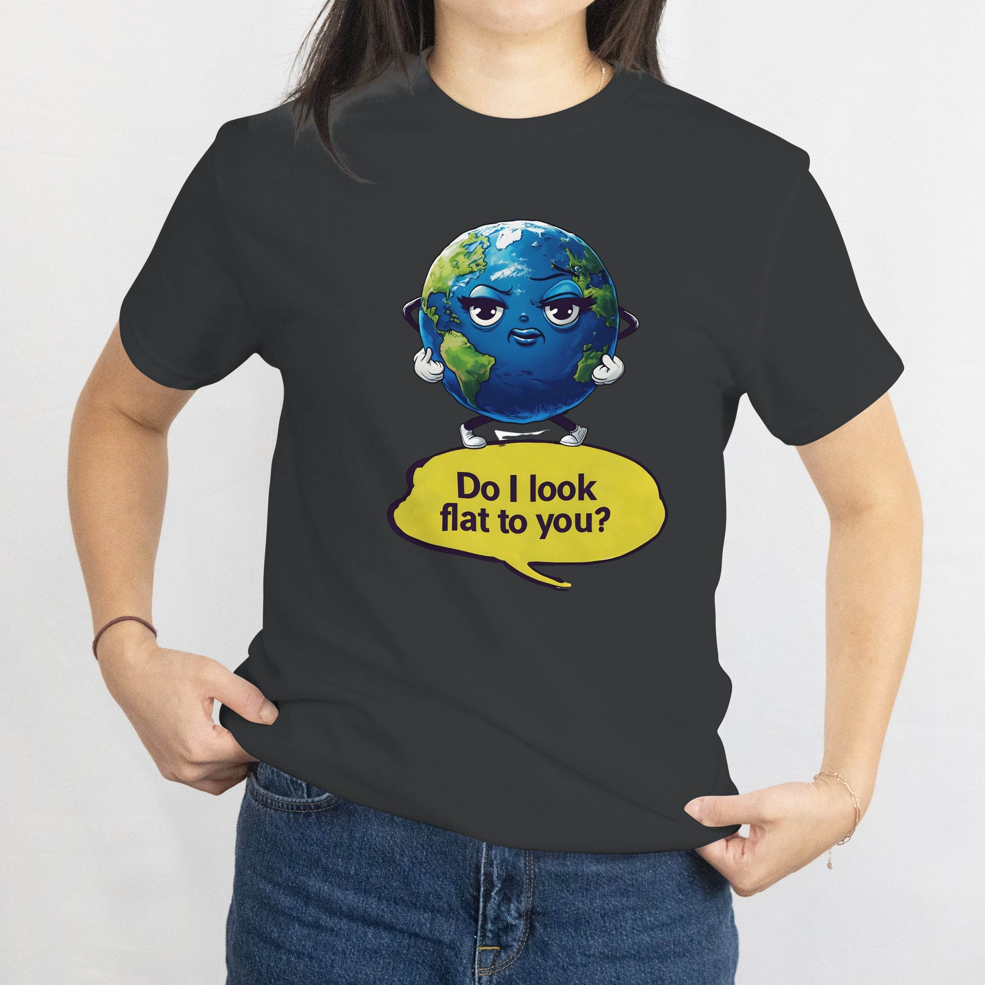 Cartoon Earth on a black T-shirt with a speech bubble reading 'Do I look flat to you?'