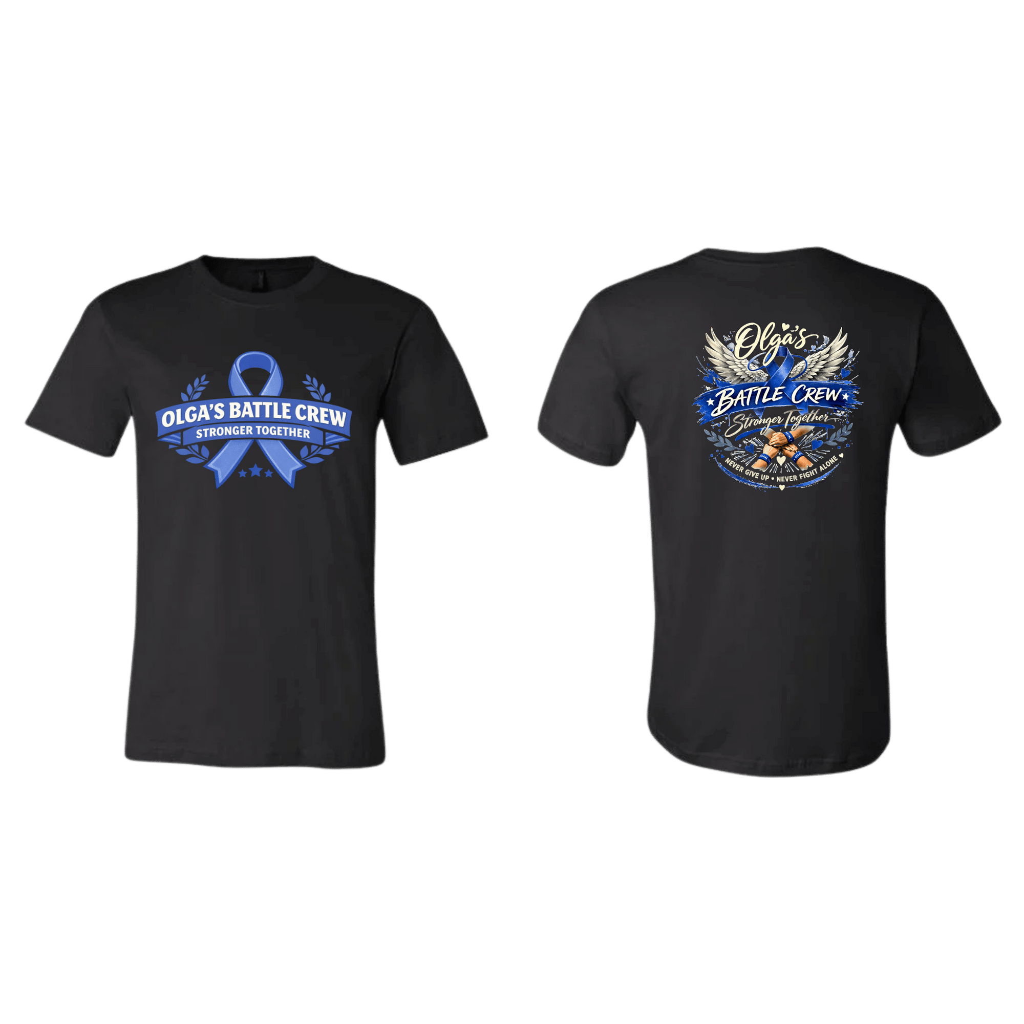 Black t-shirt with blue graphics and text on a transparent background