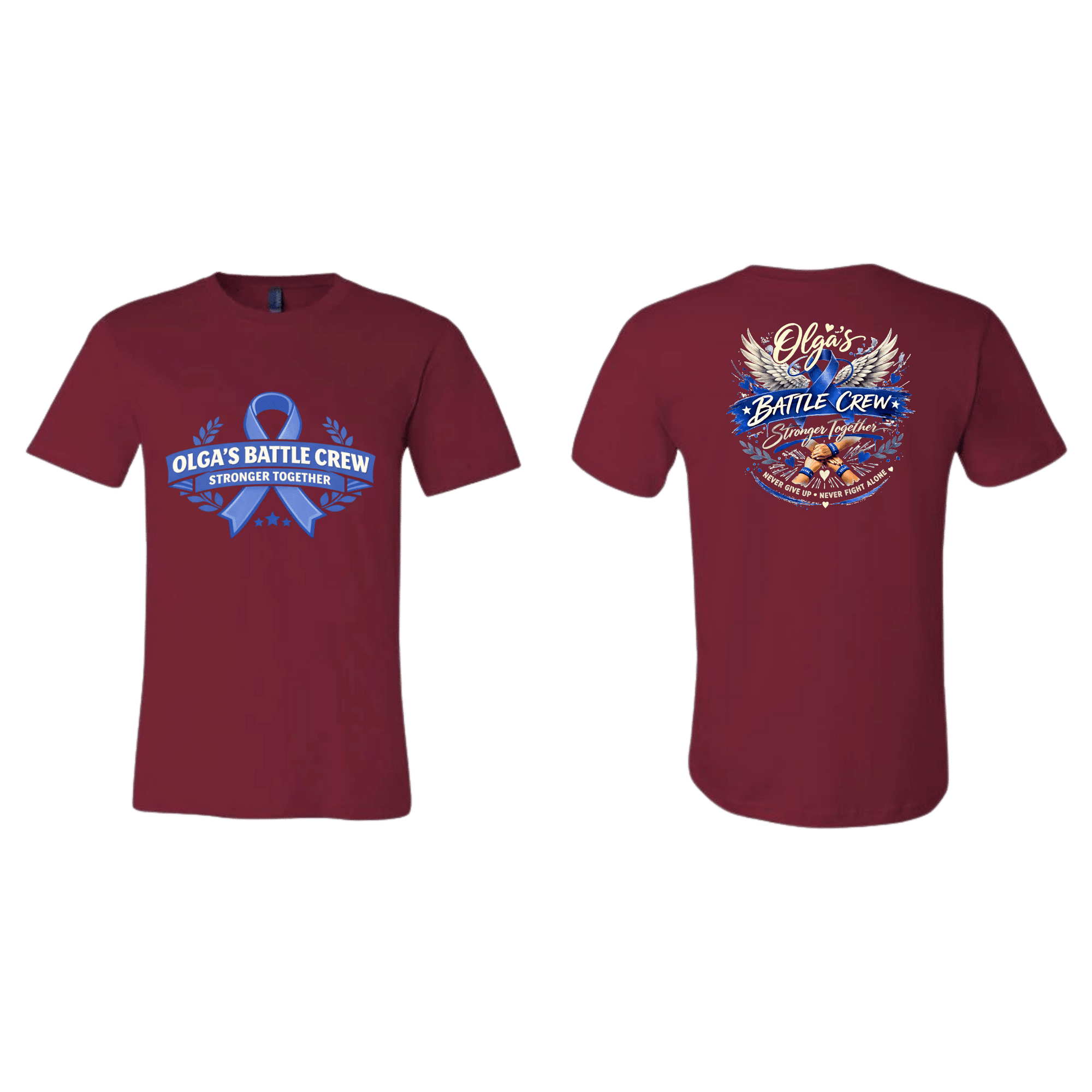Maroon t-shirt with 'Olga's Battle Crew' design on a green background