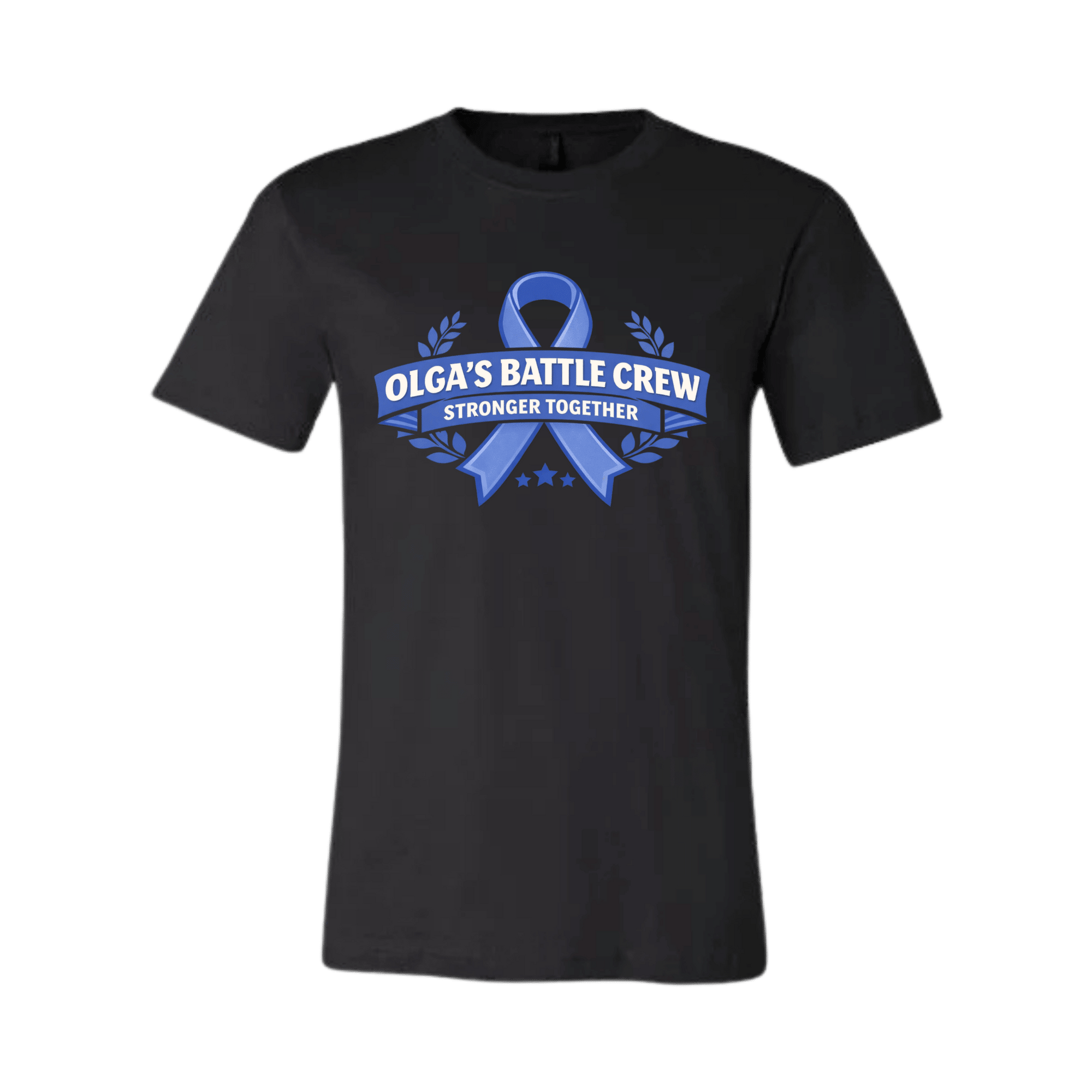 Black t-shirt with blue ribbon design and text on a transparent background