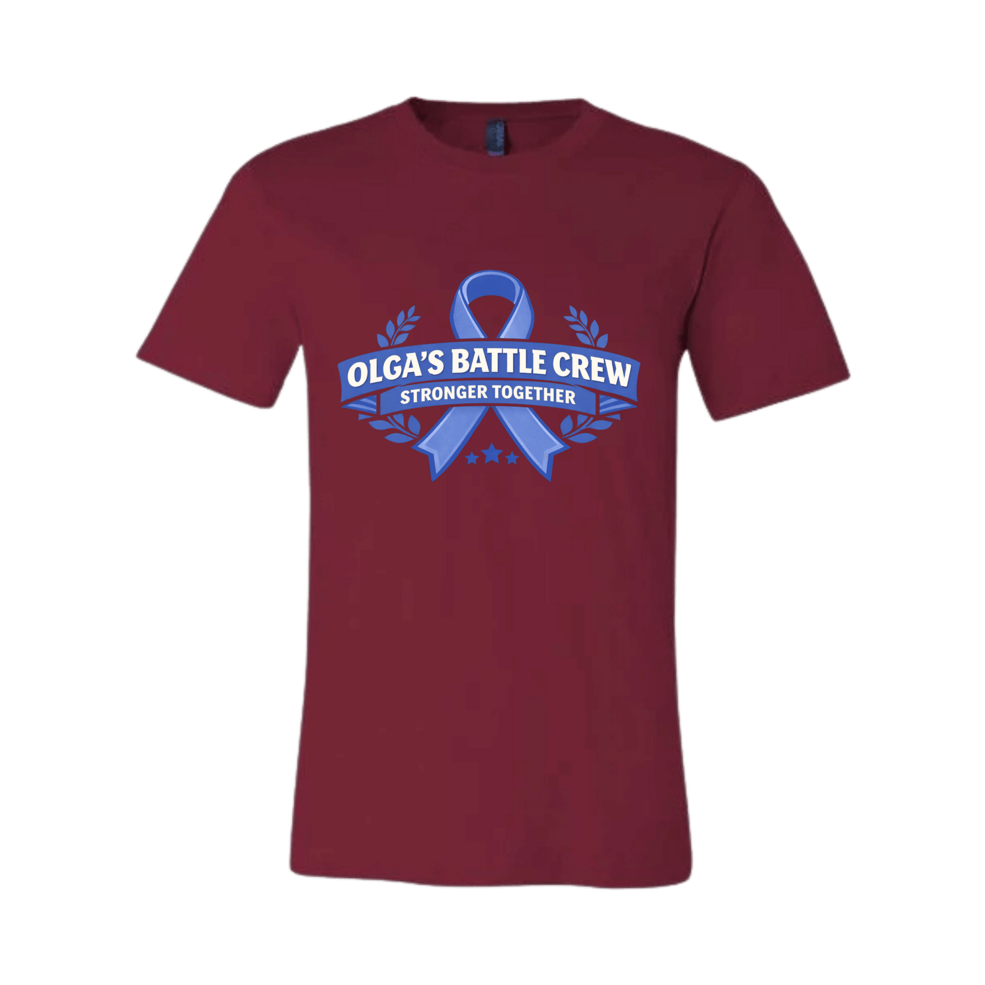 Maroon t-shirt with blue ribbon design and text on a transparent background