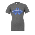 Gray t-shirt with blue ribbon design and text on a transparent background