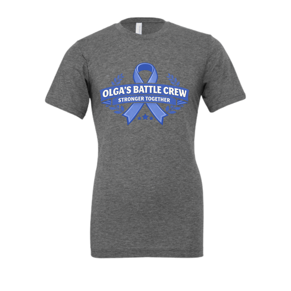Gray t-shirt with blue ribbon design and text on a transparent background