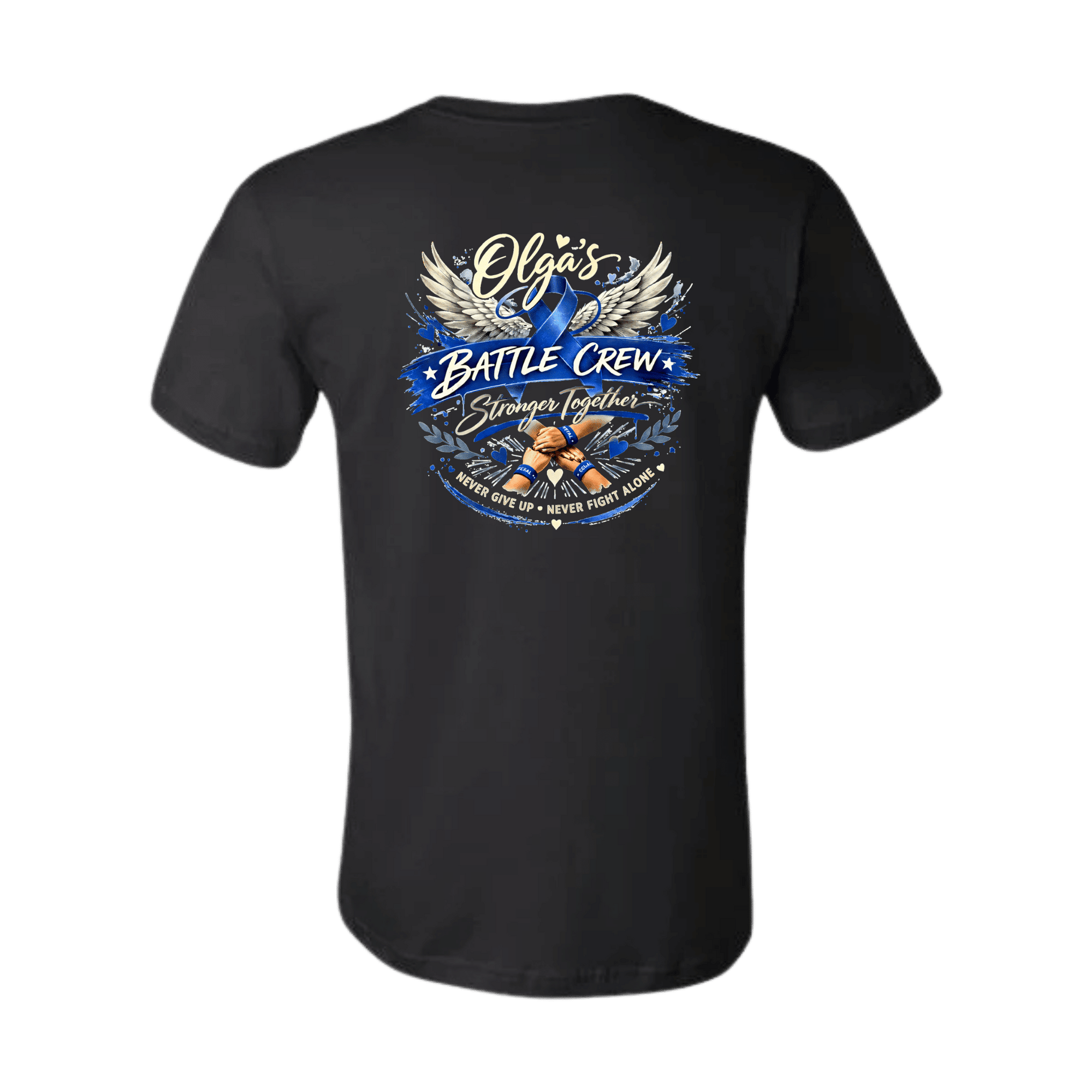 Black t-shirt with a graphic design on the back featuring text and images.
