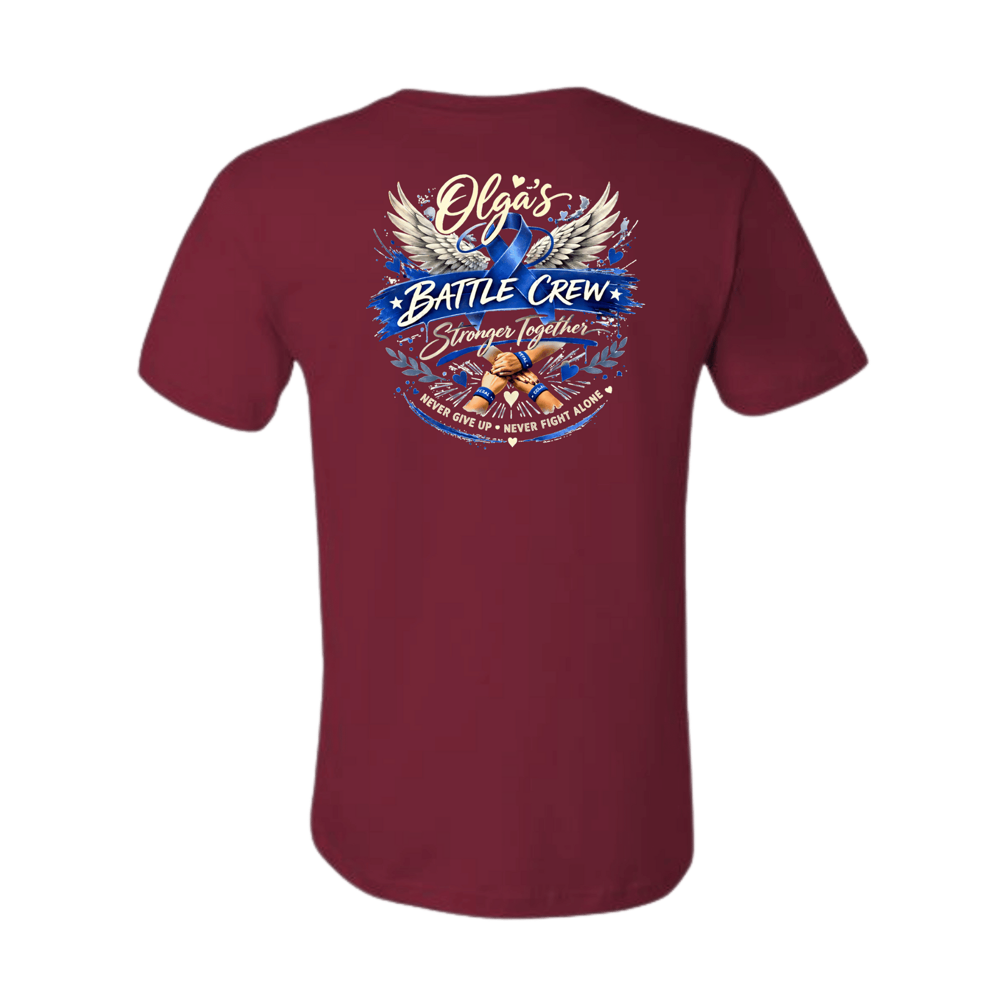 Maroon t-shirt with 'Olya's Battle Crew' graphic design on a transparent background