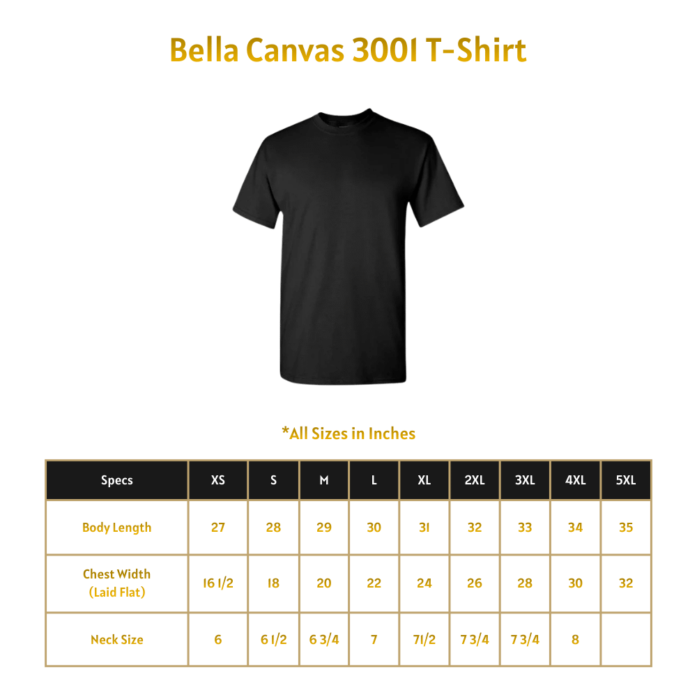 Black t-shirt with size chart on a green background
