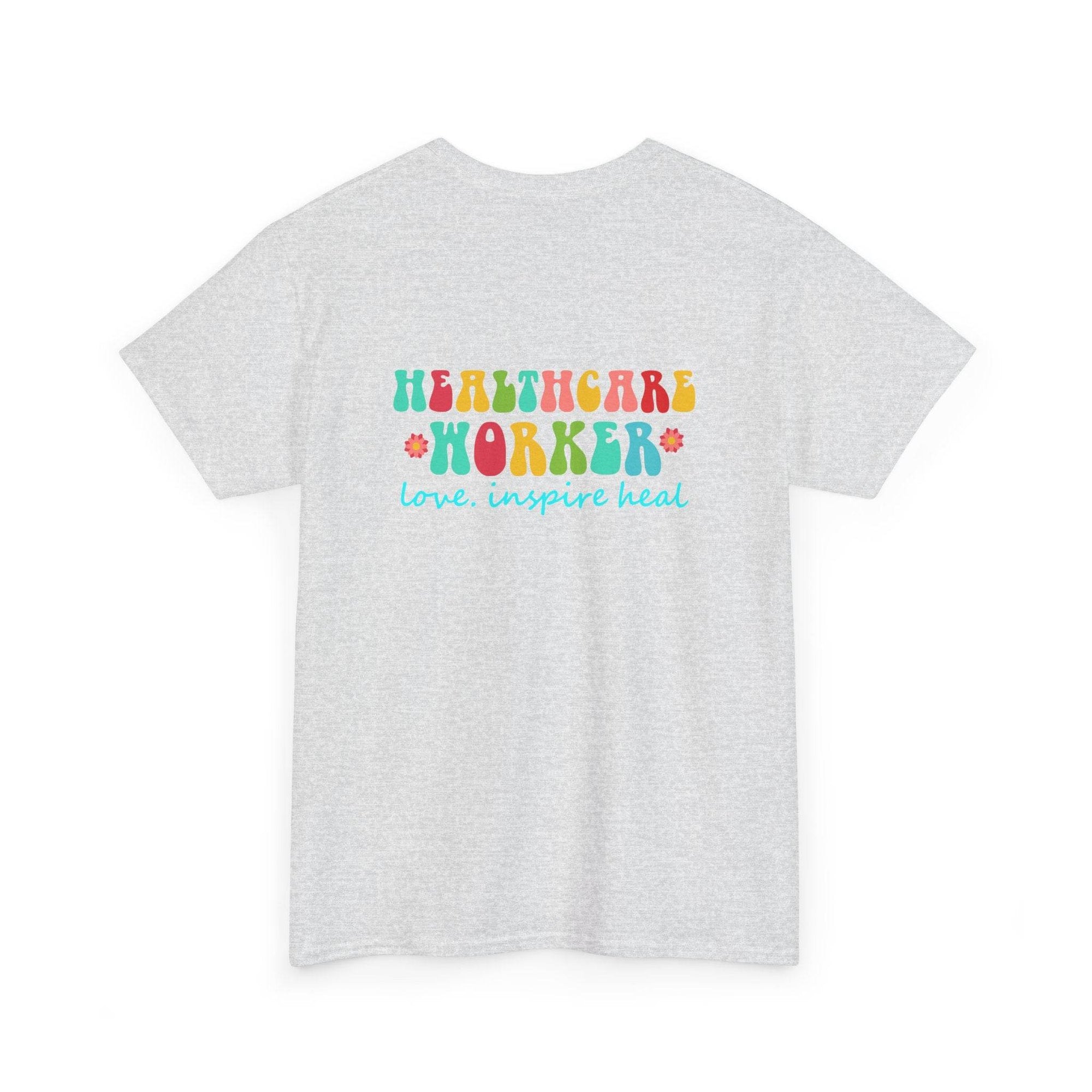 Gray casual graphic tee for healthcare workers with colorful Healthcare Worker text and love inspire heal motif