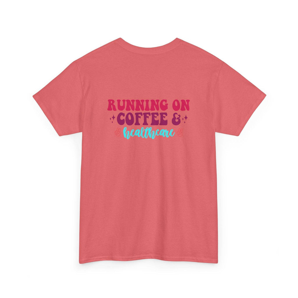Pink tee back: magenta RUNNING ON COFFEE & cyan healthcare script with sparkles.
