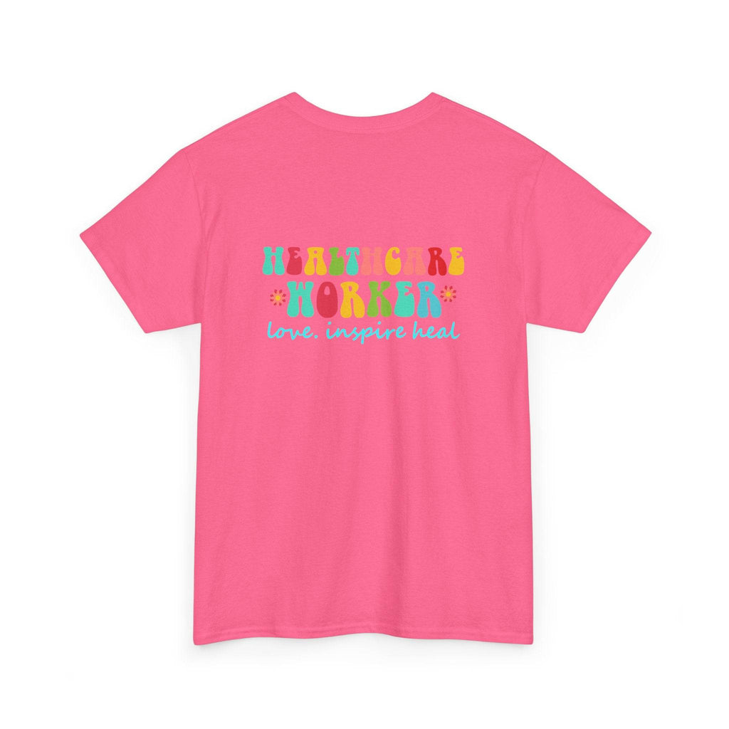 Pink Healthcare Workers T-Shirt featuring a colorful Healthcare Worker graphic and love. inspire heal slogan on back.