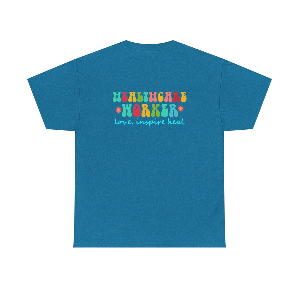 Blue T-shirt featuring colorful Healthcare Worker graphic with love, inspire heal slogan.