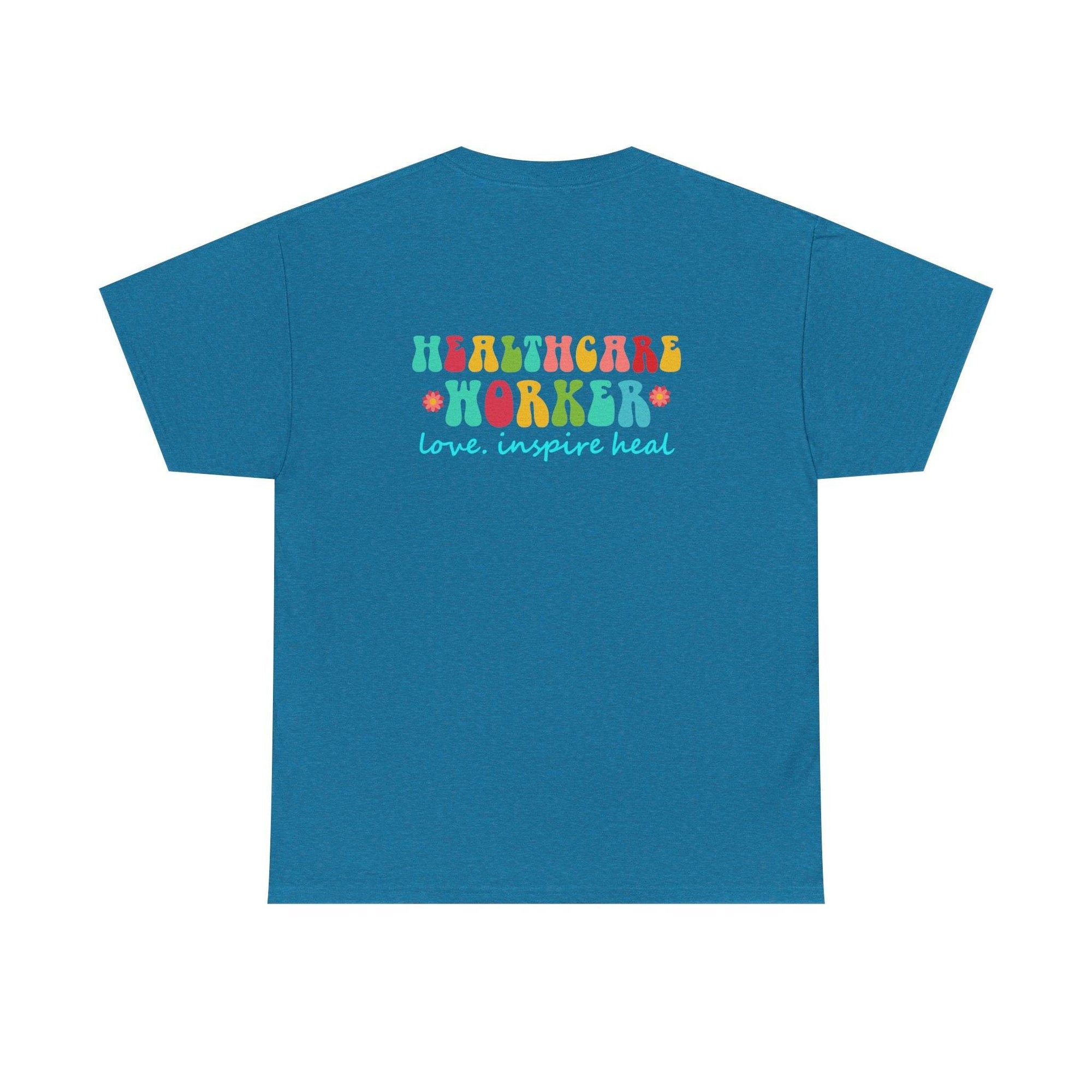 Blue T-shirt featuring colorful Healthcare Worker graphic with love, inspire heal slogan.