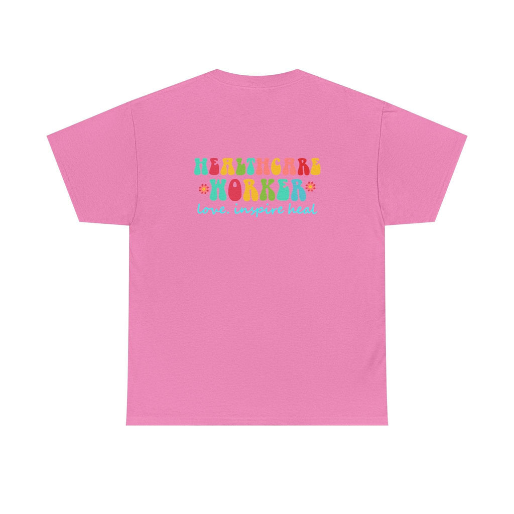 Pink healthcare workers graphic T-shirt with multicolor 'Healthcare Worker' lettering and 'love. inspire heal' slogan.