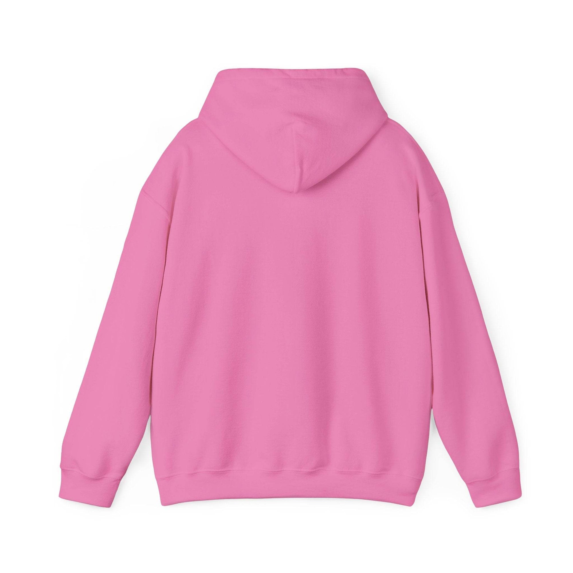 Pink hoodie back view, cozy 5050 blend fabric, casual wear with playful vibe.