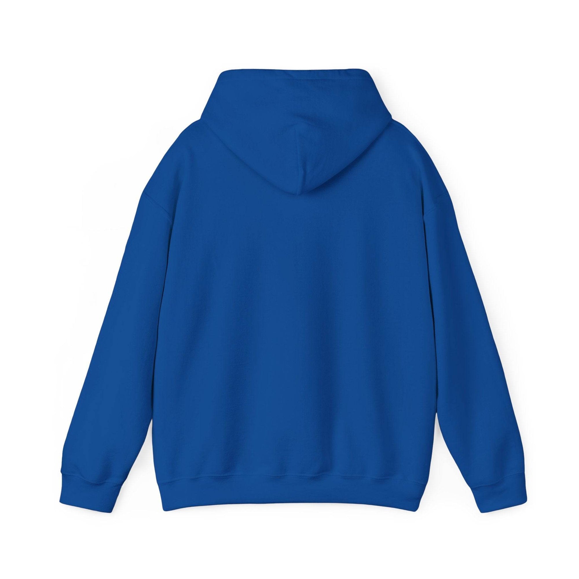 Blue blank hoodie back view, G18500, 5050 blend, cozy and playful.