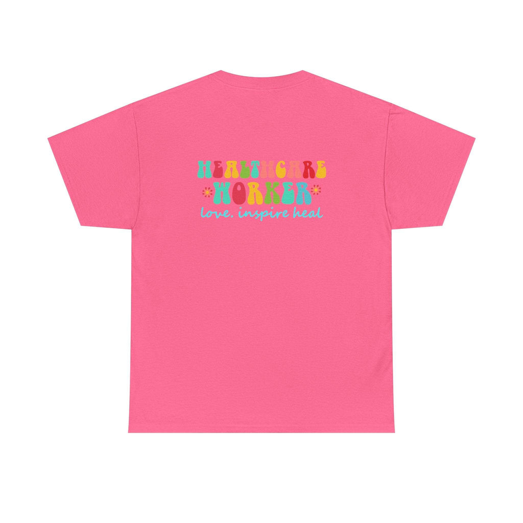 Pink healthcare workers graphic tee with multicolor Health Care Worker on back and blue love inspire heal text
